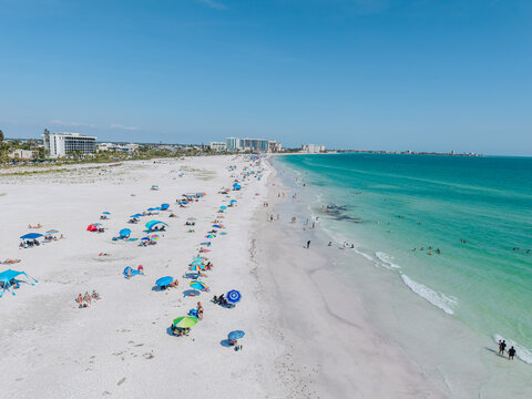 Beautiful aerial view of Sarasota, the magnificent white sand beach, and its iconic St. Armands Circle