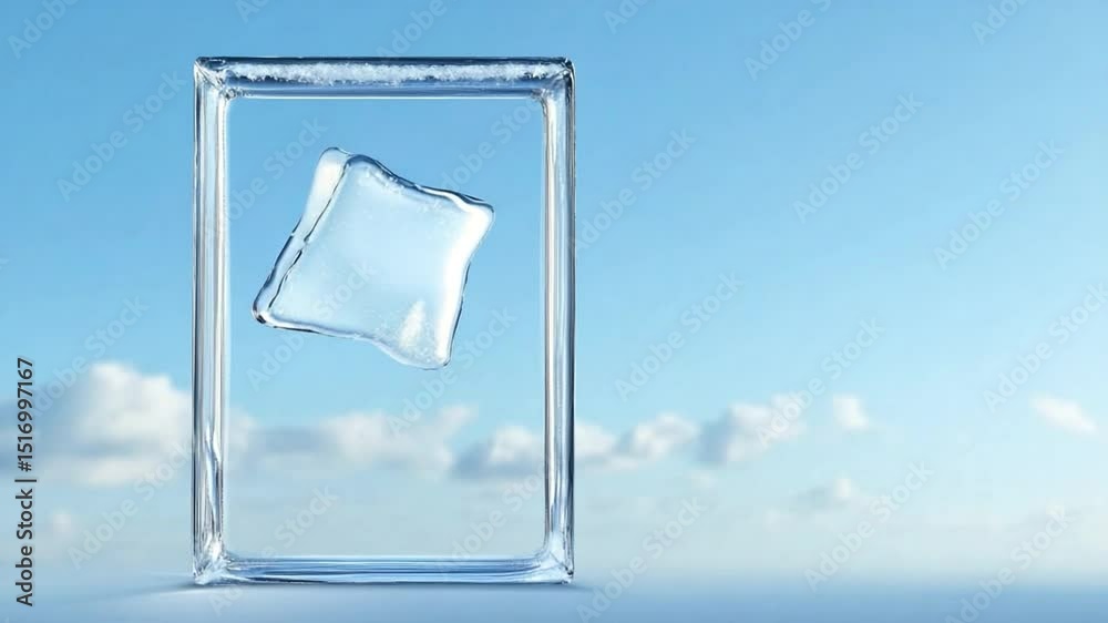 Poster aqua cube's enclosure: an ethereal transparent cube frames a free-form water structure, symbolizing 