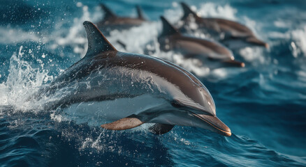 Pod of Dolphins Swimming in the Ocean, Representing Marine Conservation and Ecotourism, With Waves Crashing Around Them