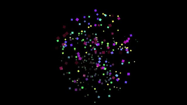 Colorful particle magic effect twirling down sideways cube loop Animation video on black background good for intros.