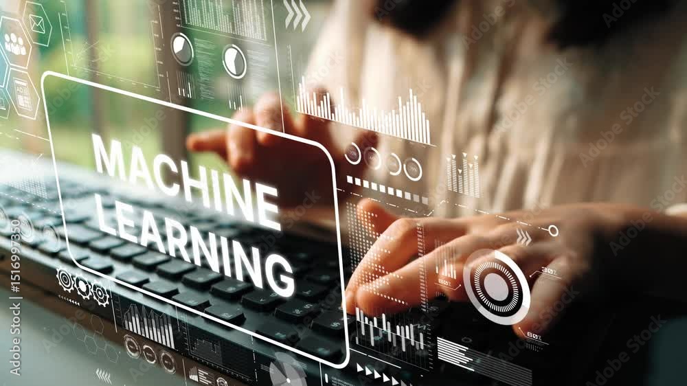 Poster close-up of hands typing on keyboard with machine learning graphics and digital interface elements i