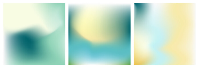 Light blue, yellow nature gradient background. Abstract blurry vector texture. Pastel color gradation pattern. Aesthetic bg. Set of 3 square vector gradient background for poster, cover, social post