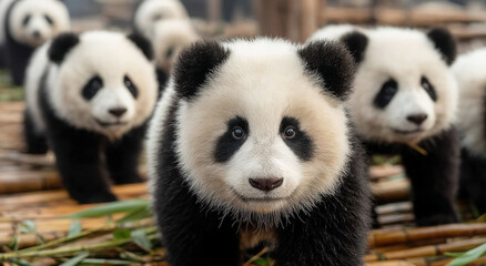 Fototapeta premium Cute Giant Panda Cubs in Bamboo Forest, Symbolizing Wildlife Conservation and Environmental Awareness, Perfect for Educational Materials and Children's Content