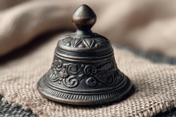 A decorative bell resting on a textured linen fabric, intricate details visible