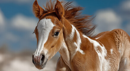 Obraz premium Adorable Pinto Foal With Windswept Mane Against Sky, Symbolizing Innocence and New Beginnings in Animal Welfare Campaigns