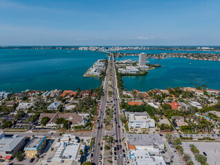 Beautiful aerial view of Sarasota, the magnificent white sand beach, and its iconic St. Armands Circle