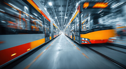 Fototapeta premium Blurred View of Modern Buses in a Factory, Showcasing Innovation and Mass Production for Transportation Industry