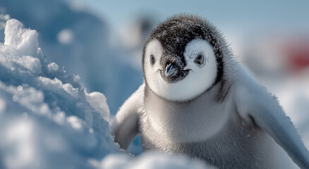 Obraz premium Close-Up of Adorable Penguin Chick on Snowy Hill, Symbolizing Wildlife Conservation and Environmental Awareness, Perfect for Educational Content