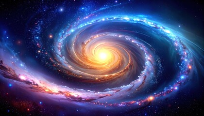 Spiral galaxy, vibrant colors, cosmic swirls
