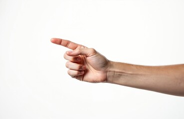 Caucasian hand with index finger pointing isolated on white background. Hand gestures for advertising. Human arm shows direction. Concept of choice, direction, decision, communication, agreement,