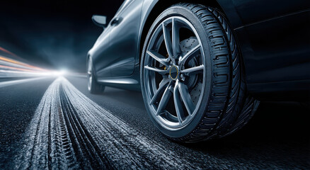 Car Tire on Wet Asphalt Road at Night With Motion Blur, Representing Automotive Innovation and Transportation Efficiency for Product Promotion