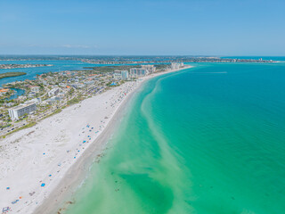 Beautiful aerial view of Sarasota, the magnificent white sand beach, and its iconic St. Armands Circle