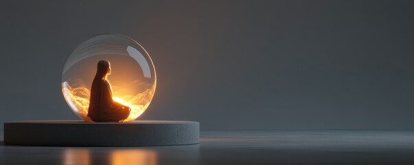 Person sitting in a glowing sphere creating a calming and mystical ambiance