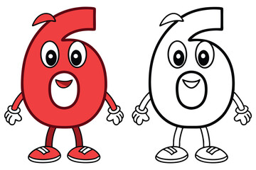 Cartoon Number Six Character in Color and Black and White Line Art
