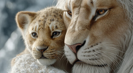 Close Up of Lion Cub and Mother Lion in Winter, Symbolizing Family Bonding and Wildlife Conservation Awareness Campaign