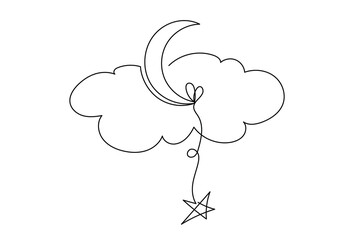 Line Art Moon, Cloud and Star Icon. Outline Sweet Dream and Good Night Sleep Symbol. baby Shower or Nursery Abstract Simple Romantic Decoration. One Continuous Editable Stroke Sketch Art.