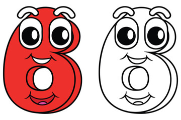 Cartoon number six with a friendly face, in color and line art