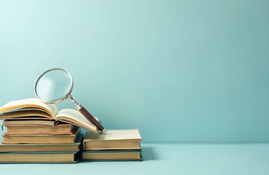 Magnifying glass over open book, stacked old books, light blue background. Reading, learning, knowledge, education concept. World book day, literature, study at university or school.