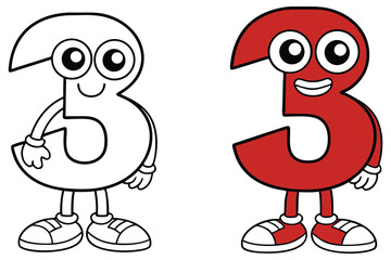 Cartoon Number Three in Color and Black and White Design Illustration