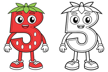 Cartoon Strawberry Number Three Character with Color and Black and White Versions