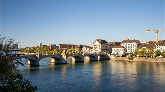 Timelapse video with a beautiful view of the Rhine River flowing through the Swiss city of Basel.