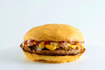 A catalog of burgers in different varieties with potato buns, meat and vegan medallions with lettuce, tomato, bacon, cucumbers, cheddar cheese, and American-style caramelized onions.