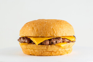 A catalog of burgers in different varieties with potato buns, meat and vegan medallions with lettuce, tomato, bacon, cucumbers, cheddar cheese, and American-style caramelized onions.