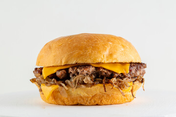 A catalog of burgers in different varieties with potato buns, meat and vegan medallions with lettuce, tomato, bacon, cucumbers, cheddar cheese, and American-style caramelized onions.