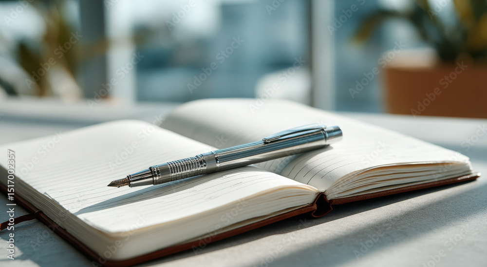 Poster Open Notebook With Pen on Desk by Window, Symbolizing Creativity and Journaling for Self-Improvement and Personal Growth, Ideal for Content Marketing