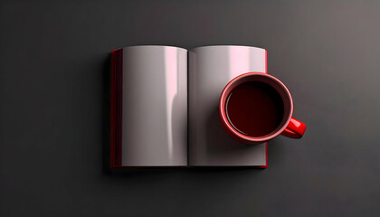 Red Mug of Coffee Resting on an Open Book on Dark Grey Surface