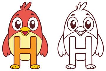 Cute cartoon bird with letter H standing next to its outline