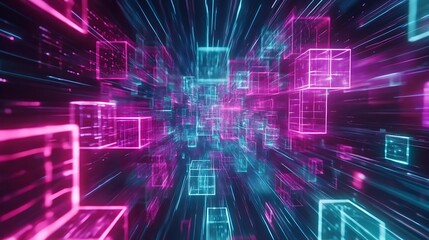 Obraz premium Neon cubes, digital tunnel, speed