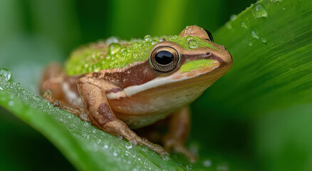 Fototapeta premium Green Tree Frog Covered in Dew Drops on a Leaf, Symbolizing Environmental Awareness and Natural Beauty in Wildlife Conservation Efforts