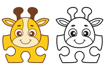 Cute Giraffe Jigsaw Puzzle Piece with Full Color and Outline Versions