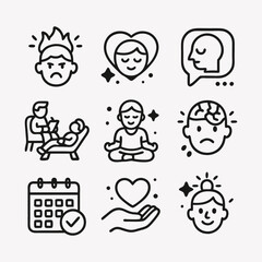 Collection of minimalist line art icons depicting various aspects of mental well-being, including stress, self-care, therapy, and meditation. Mental health and wellness concept