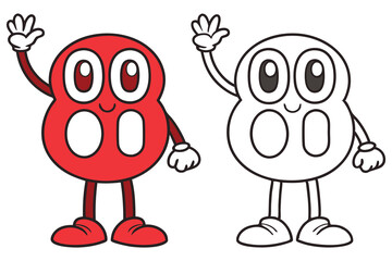 Friendly Red and Black and White Number Eight Characters Waving Hello