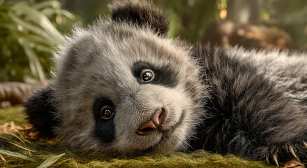 Obraz premium Close-Up of a Baby Panda Resting on Moss, Symbolizing Conservation and Wildlife Protection, Appealing to Nature-Lovers and Environmental Awareness Campaigns