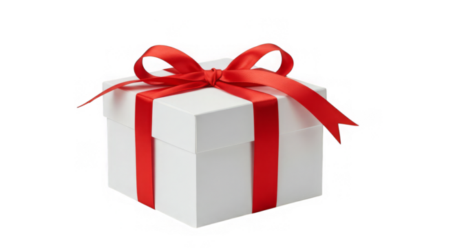 A pristine white gift box tied with a vibrant red ribbon and bow presented on black background.
