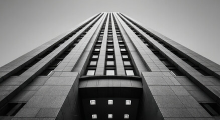 Low Angle View of Skyscraper in Black and White, Showcasing Corporate Growth and Architectural Innovation