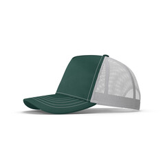 Green and white trucker cap isolated on transparent background