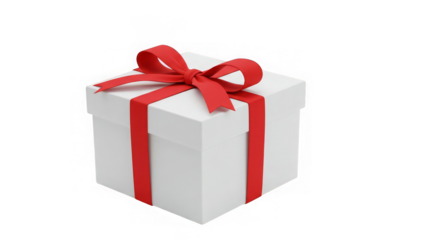 A pristine white gift box tied with a vibrant red ribbon, presented on a black background.