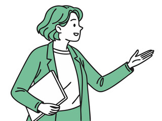 illustration of a woman presenting or gesturing with a notebook isolated on white background.