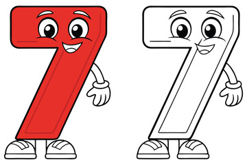 Number Seven Cartoon Character in Color and Black and White Outline