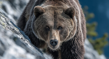 Obraz premium Grizzly Bear Stares Intently at Camera on Rocky Slope, Depicting Wildlife Conservation and Wilderness Adventure