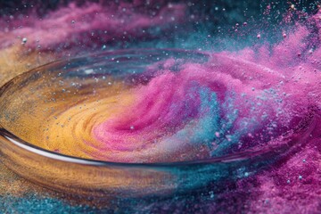Colorful powder pigments swirling in transparent bowl as vibrant rainbow particles fall in slow motion, artistic abstract macro animation for creative backgrounds and visual textures
