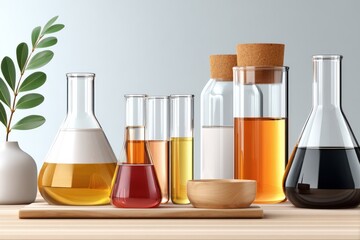 Laboratory display featuring glass beakers and test tubes with vibrant liquids