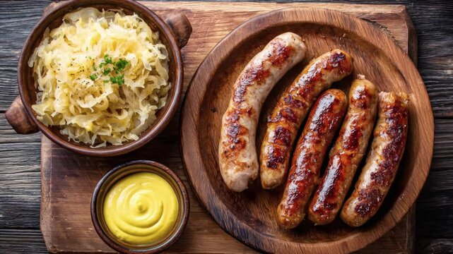 Savor the taste of tradition with our hearty sausages, tangy sauerkraut, and zesty mustard, a culinary delight for any occasion. (zoom out)