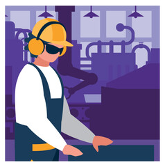 Factory Worker with Safety Gear Working at a Manufacturing Plant - Vector Illustration