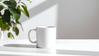 White Mug on White Table with Sunlight and Plant