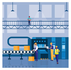 Fototapeta premium Modern Factory Interior Scene with Workers Monitoring a Conveyor Belt and Automated Machinery - Vector Illustration